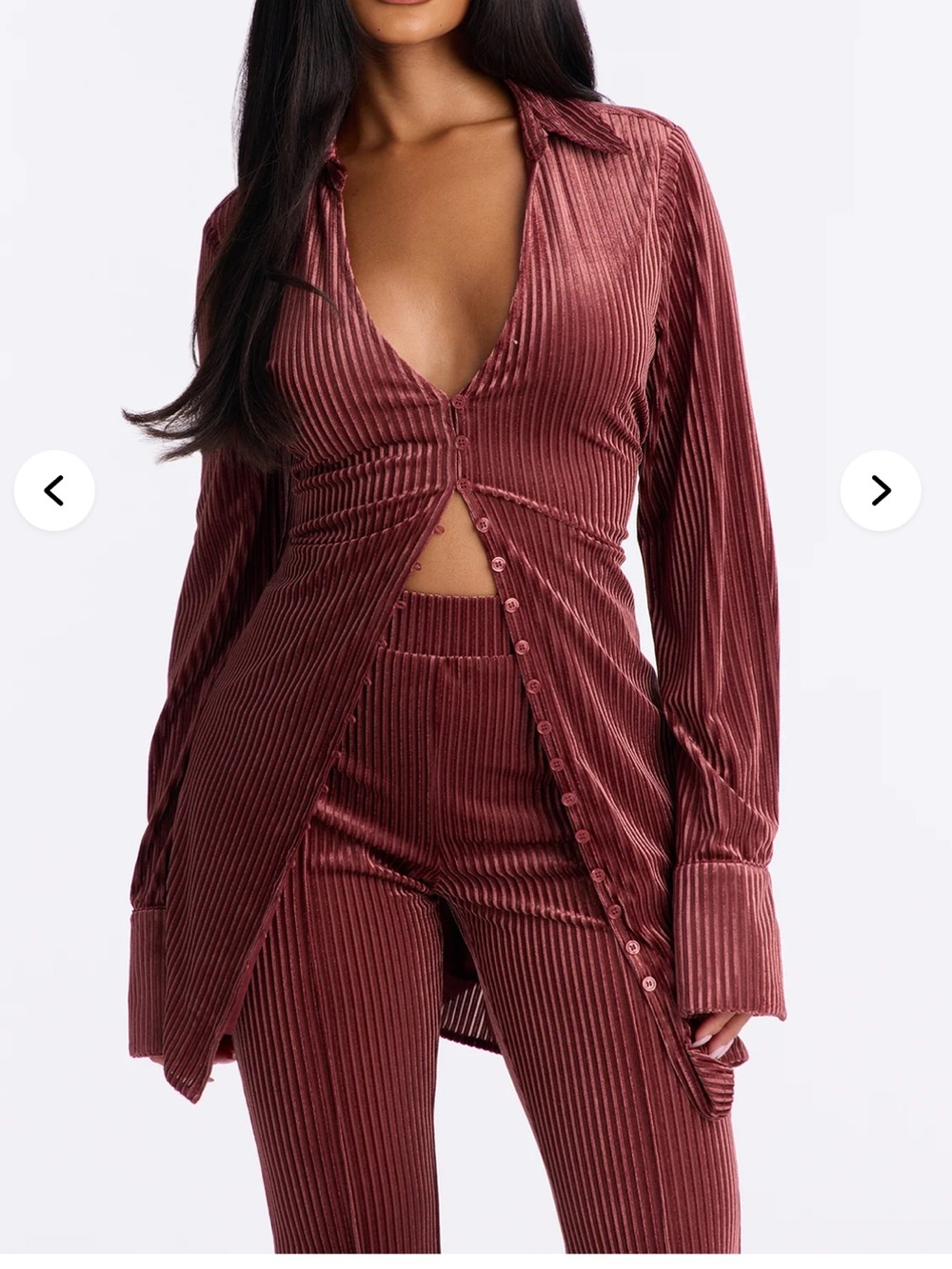 Fashion Nova Ribbed Velvet Button-Front Top and pant set in Rose
